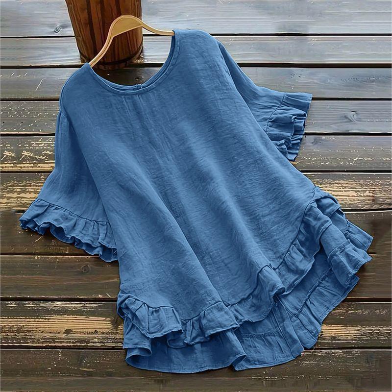 Loose Ruffled Short-Sleeve Top Solid Loose Ruffle Sleeve Short Sleeve Button Top