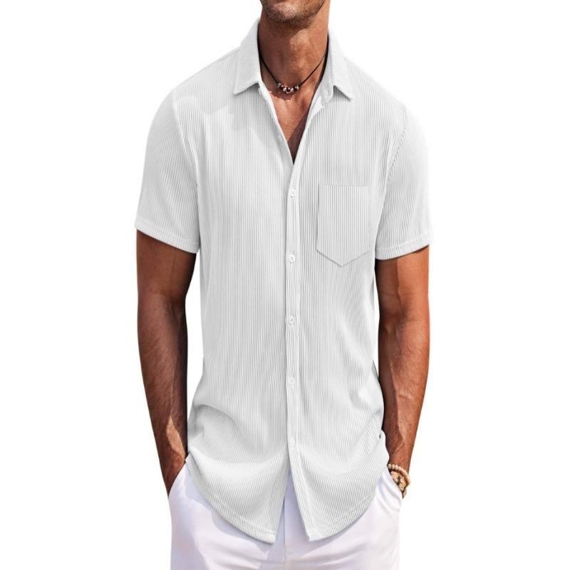 Men Solid Color Loose Vertical Striped Short Sleeve Casual Comfortable Shirt S белый