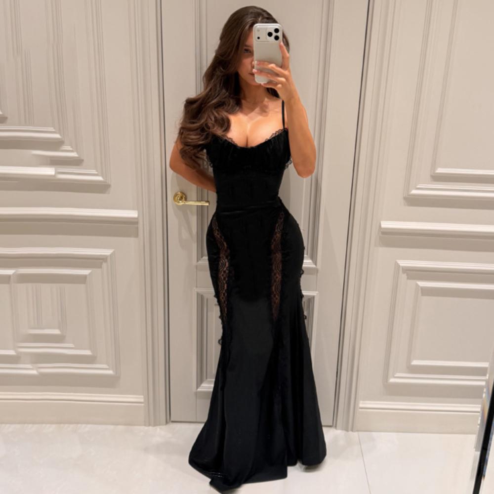 Talenza Luxury Lace Evening Dress Women S Sexy See-Through Lace Patchwork Sleeveless Dress Elegant Hollow Out Female Party Dress S