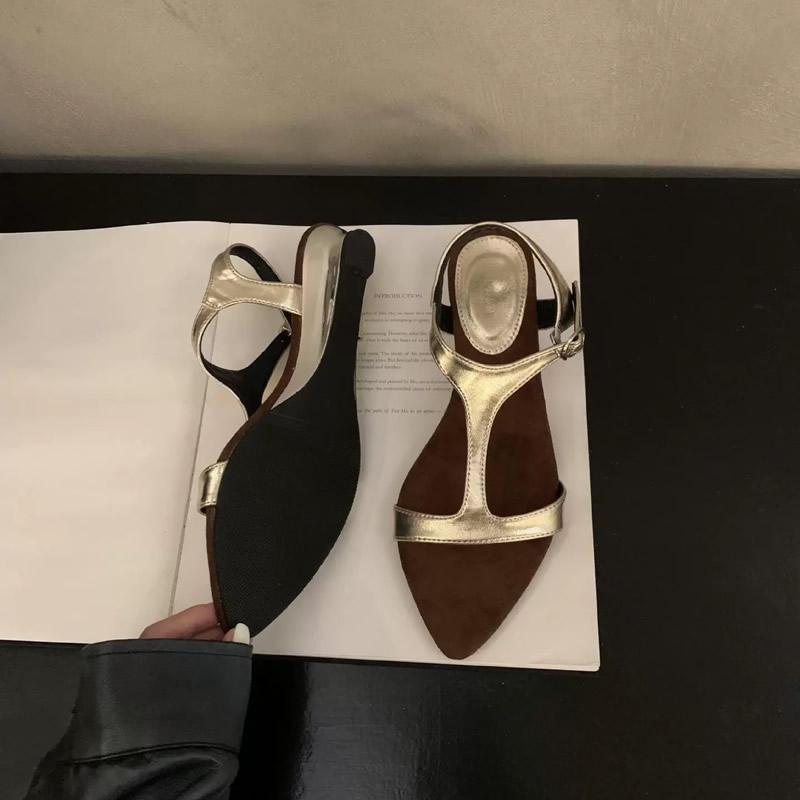 

Модные сандалии женские новые высокого качества из натуральной кожи с острым носком, Т-образным ремешком на щиколотке с пряжкой, женские туфли на плоской подошве и низком каблуке с открытым носком 40 золотой