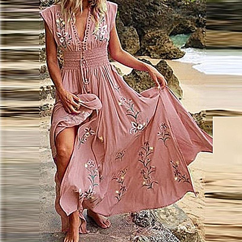 

Женское повседневное свободное богемное платье с цветочным принтом, длинное макси-платье с коротким рукавом, летнее пляжное платье-качели XXL розовый