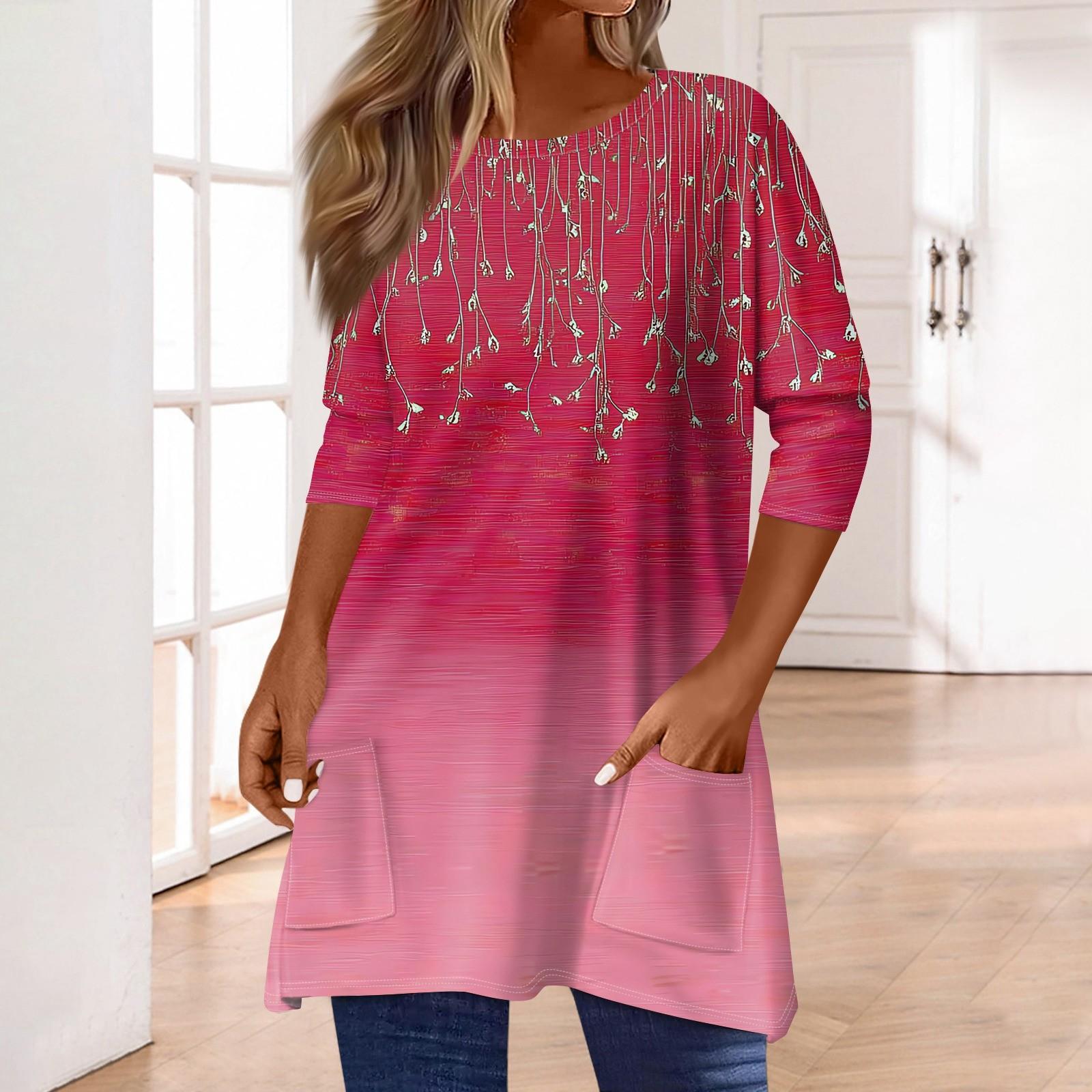 

Жіночі топи з кишенями з рукавом 3/4, футболка, повсякденний принт, топи середньої довжини, футболка, пуловер з круглим вирізом, блузка XL