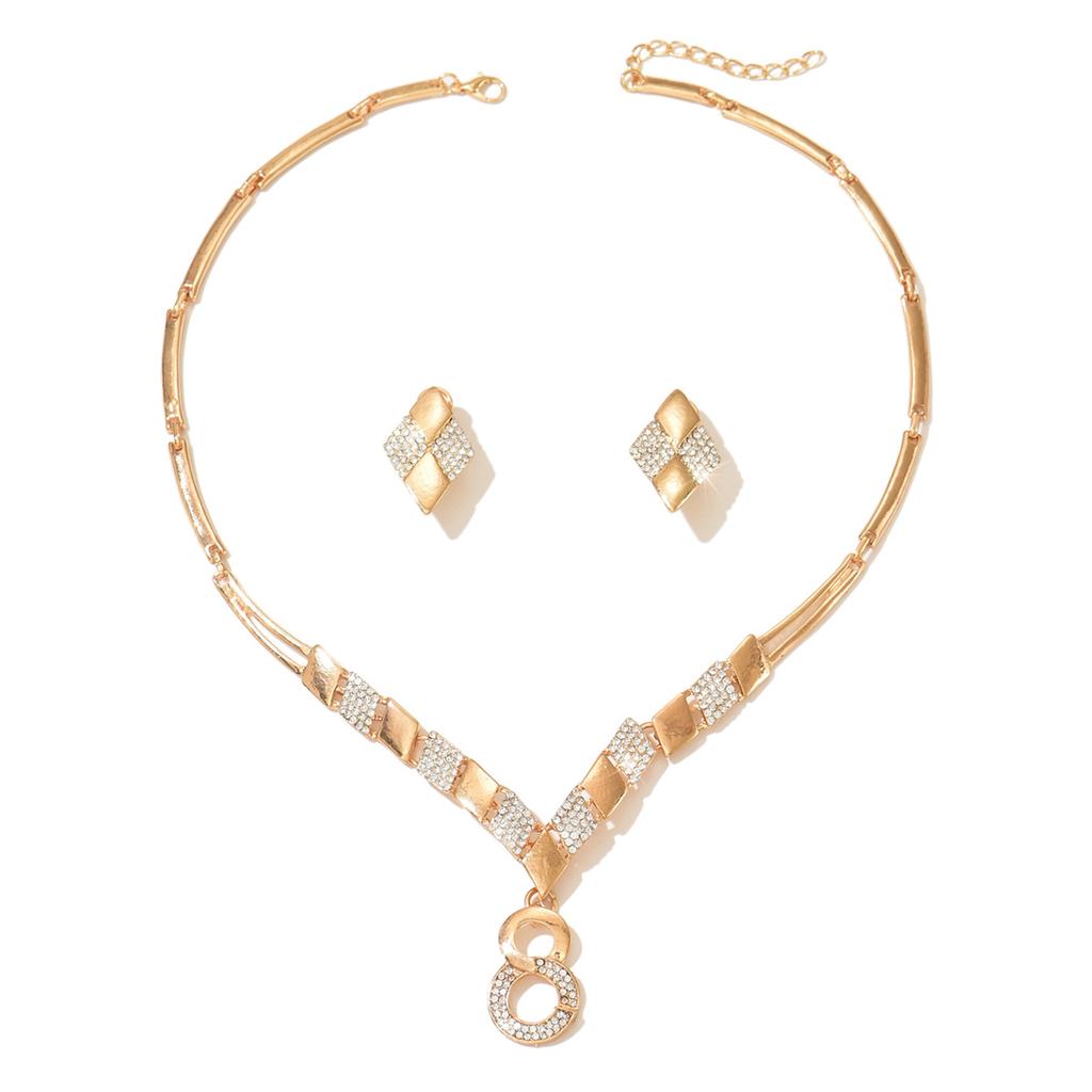 Gold zinc alloy inlaid rhinestone necklace earrings two-piece set for women's jewelry, women's jewelry set with accessories