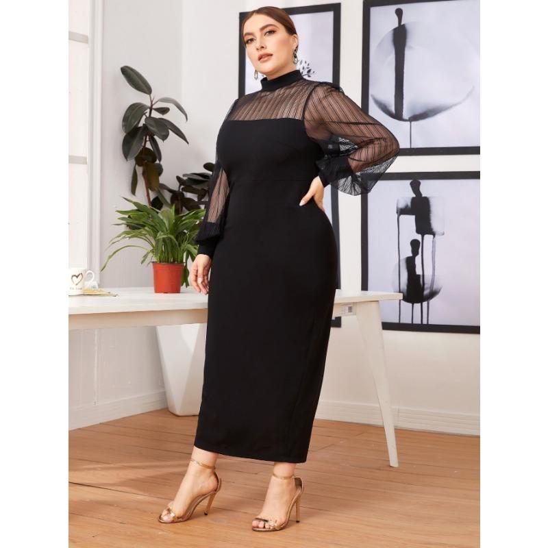 

Женское длинное платье OL Commuter с сетчатой строчкой, полувысоким воротом и прозрачной сумкой-ягодицей 4XL чёрный