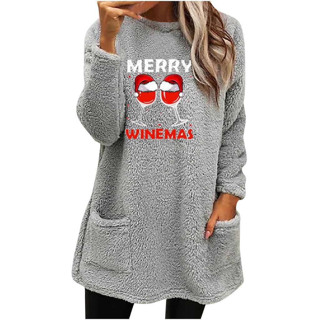 Women's Red Wine Glass Print Round Neck Loose Long Sleeve Pocket Plush Hoodie