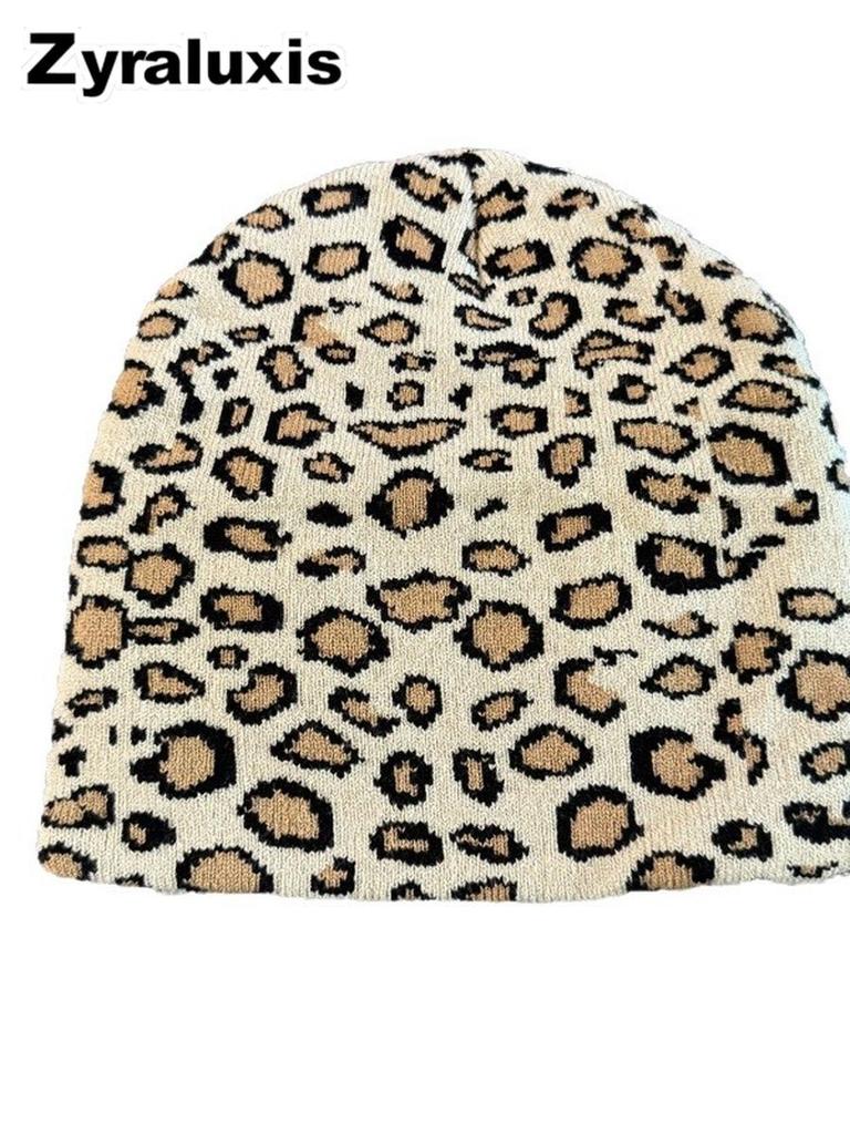 Winter Leopard Patterned Fleece Knit Warm Hats for Men and Women Outdoor Skiing Cold Caps