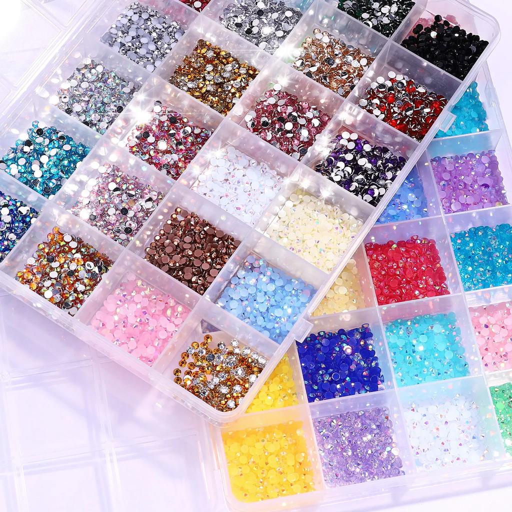 3500 Pcs/Box Round Resin Flat Bottom Glitter Rhinestones Kit DIY 3D Nail Art Decoration Gems Accessories