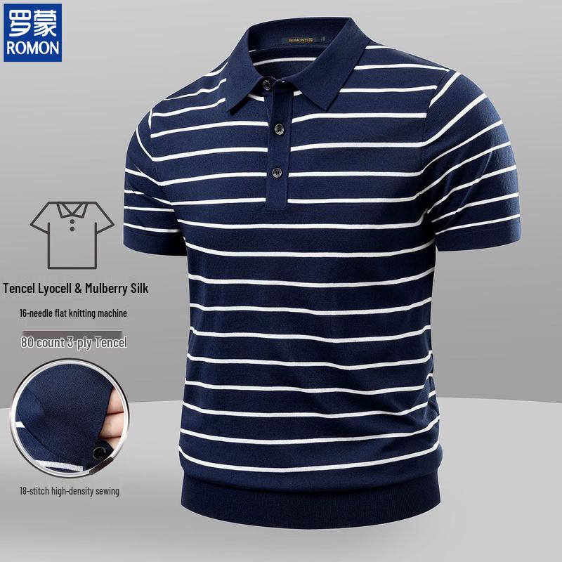 ROMON Men's Lyocell Ice Silk Striped Knit Polo Shirt