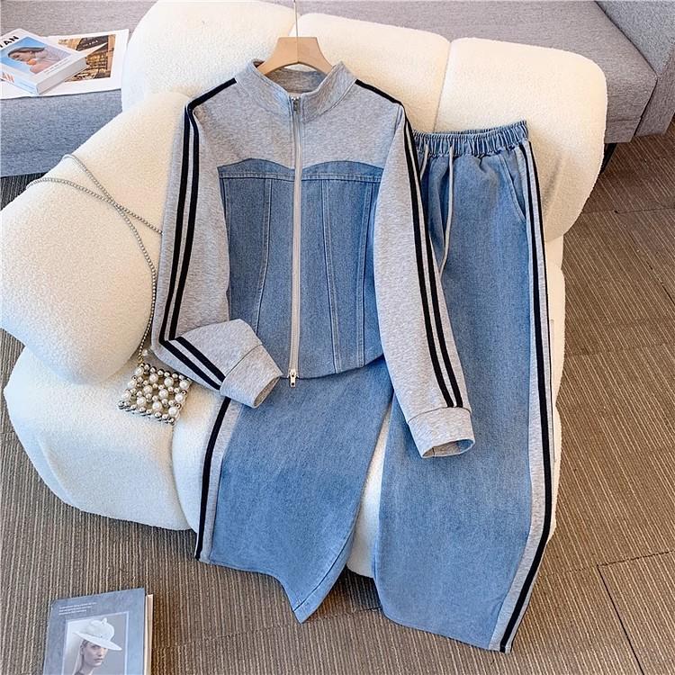 Pant Set Women Two Piece Sets Denim Splice Zipper Matching Sets Casual Coats Wide Leg Long Pants Lace Up Elastic Waist