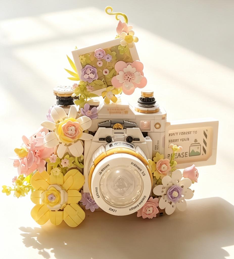Floral Vintage Camera Building Bricks DIY Handcrafted Flower Sculpture Desktop Art Ornament Indoor Home Decor Assembly Craft