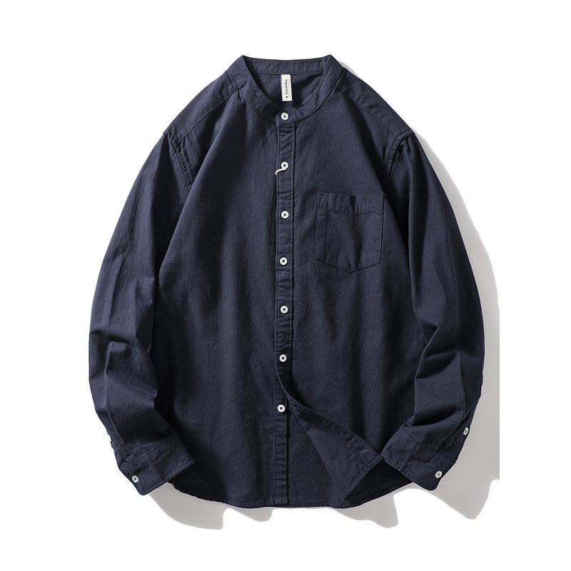Stand Collar Long Sleeve Brushed Spring and Autumn Export Casual Shirt Navy Blue XL