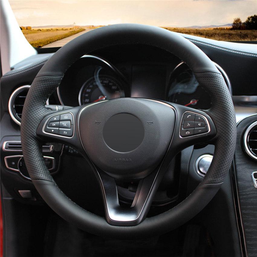 Black PU Faux Leather Steering Wheel Cover for Mercedes Benz C180 C200 C260 C300 B200 E200 E300 CLS260 CLS300 GLC260 GLC300 A180