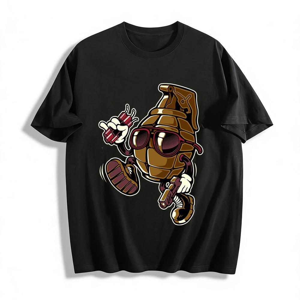 

Vintage Cartoon Grenade Print Casual Graphic Tee Pure cotton T-shirt XXS