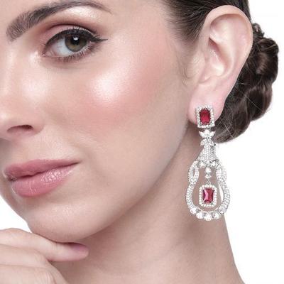 Sparkling Rhodium Plated CZ Pink Tourmaline Drop Earrings for Women