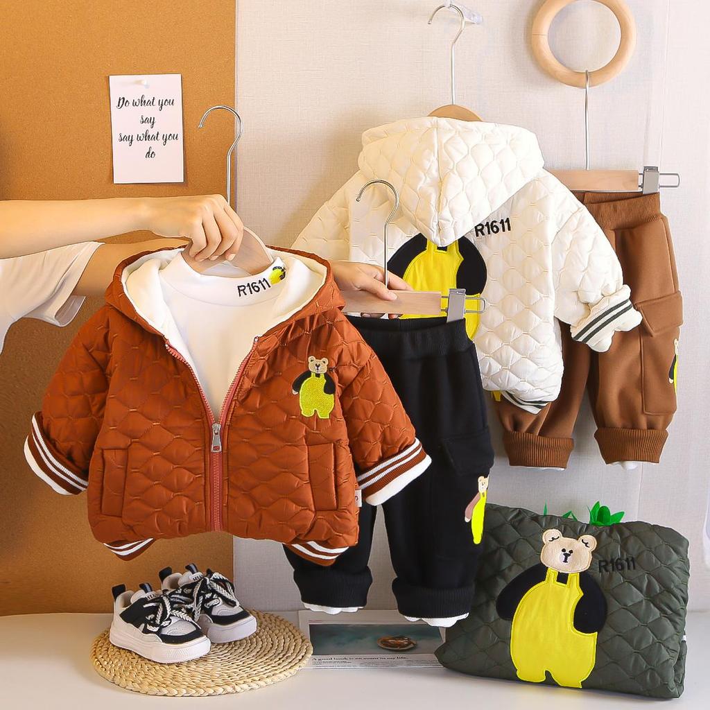 0-5-year-old boys' long sleeved 3-piece set, Children's winter velvet warm cotton suit set, Teddy bear printed jacket