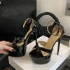 Black Patent Leather Women Sexy Fetish Sandals Thick Bottom Open Toe Platform High Heels Party Stripper Shoes Size 35-42
