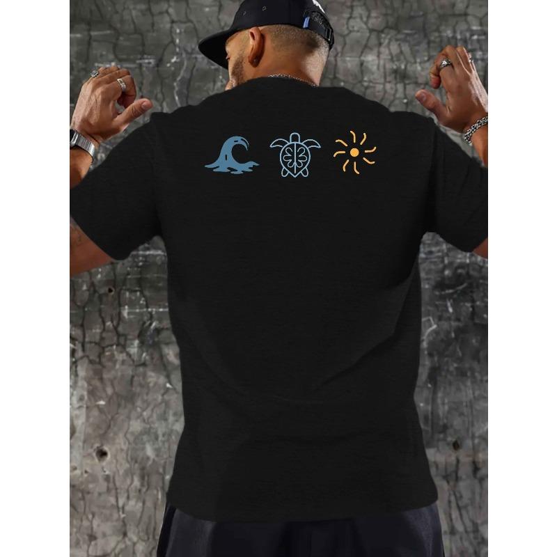 

European Size Men s Casual Summer T-Shirt with Wave, Turtle & Sun Graphic Print - Short Sleeve, Crew Neck, Cotton, Machine Washable, Beachwear Tshirt S чёрный