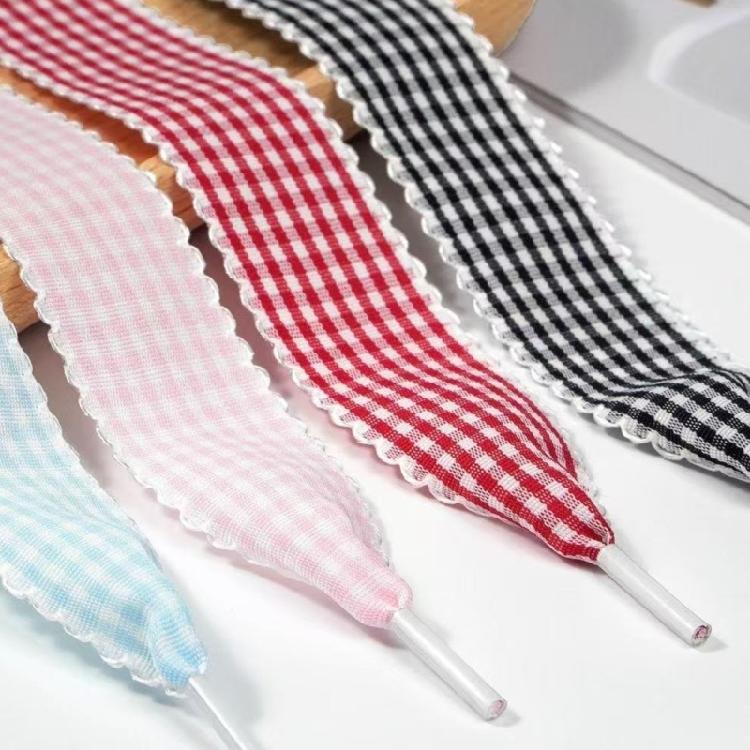 Gingham Ribbon Shoelaces with Lace Trim for Trainers and Canvas Pairs, Flat Decorative Laces for Daily Styling