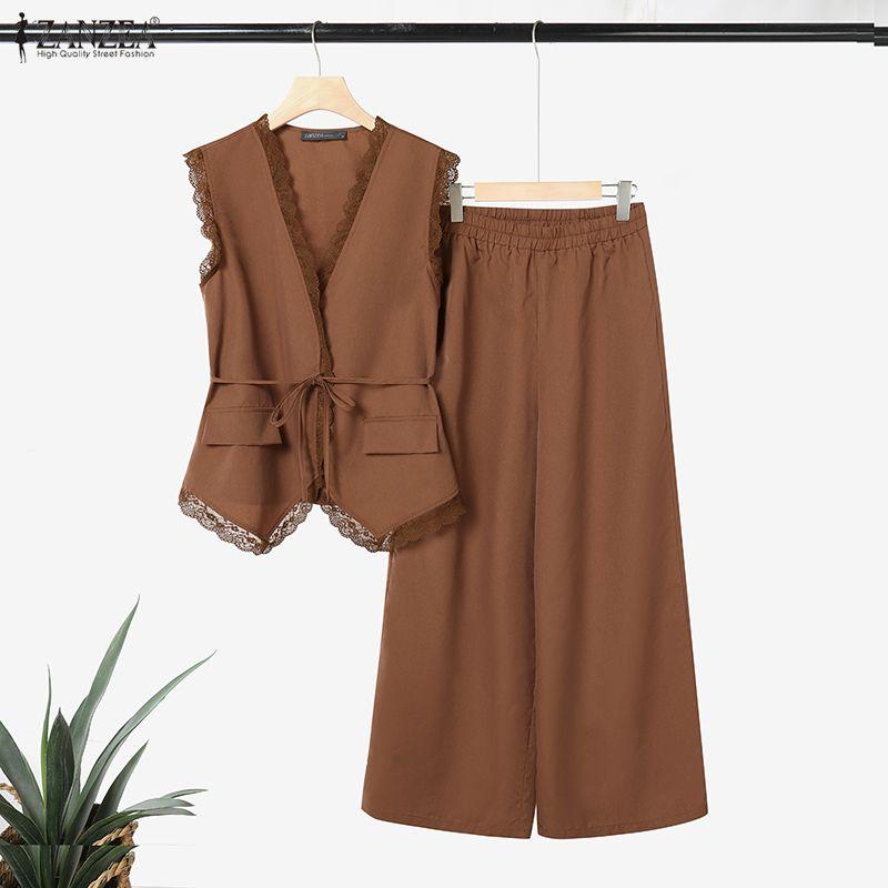 ZANZEA Women Sleeveless Lace Vest Tops and Pants Summer Two Piece Suit Sets