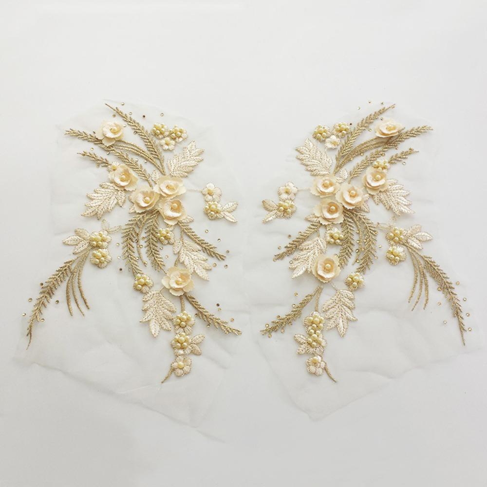 Appliques Sew White Black Wedding Gown Appliques 3D Flower Tassel Beads Lace Appliques Sew Patch