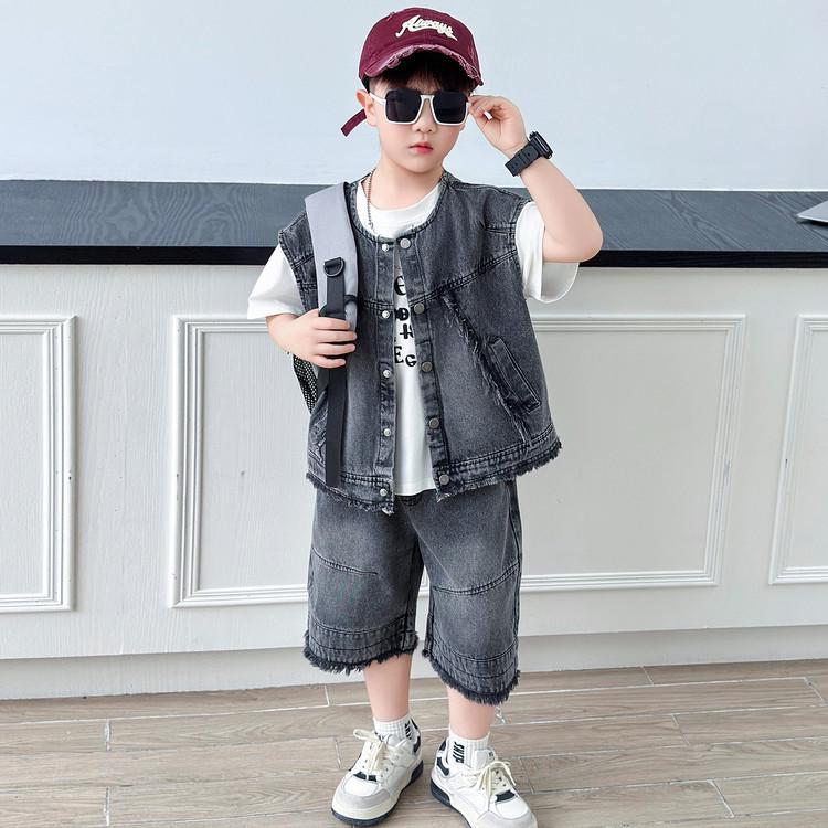 Boys' Summer Denim Vest & Printed Tee Shorts Set - Cool American Style 2026