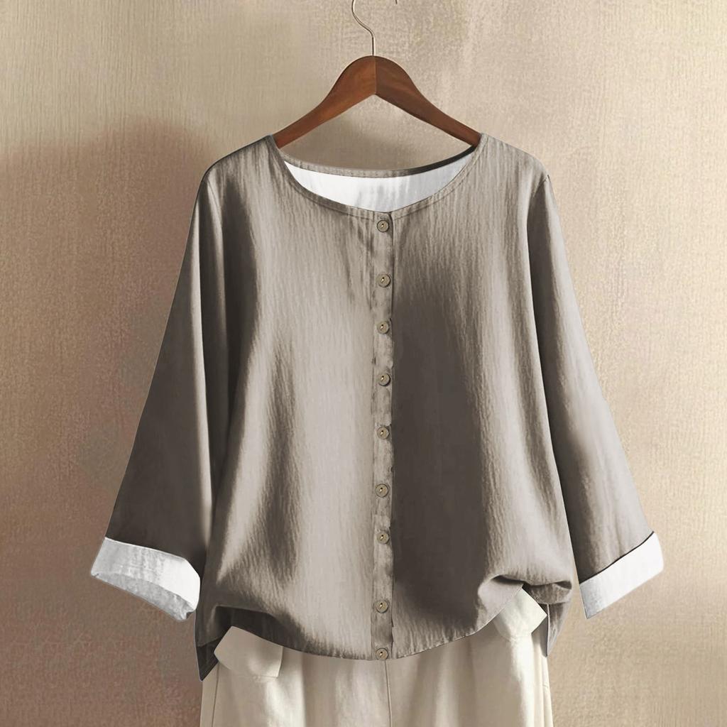 Women's Casual Long-sleeved Round Neck Solid Color Cotton And Linen Top