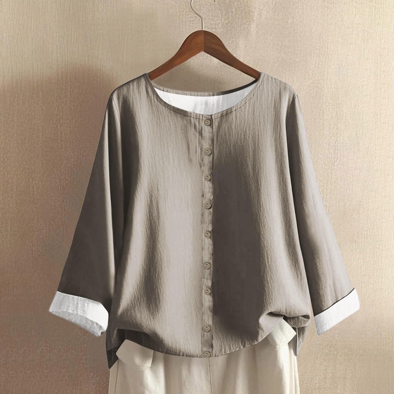 

Women s Casual Long-sleeved Round Neck Solid Color Cotton And Linen Top L хакі