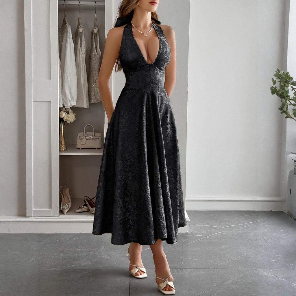 Women's Fashionable Solid Color Elegant Temperament Hanging Neck Waistband Dress