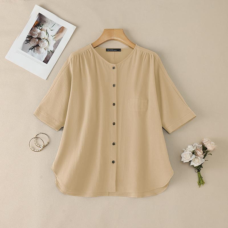 ZANZEA Dámská ležérní bavlněná halenka s kulatým výstřihem, jednobarevná, s 3/4 rukávem