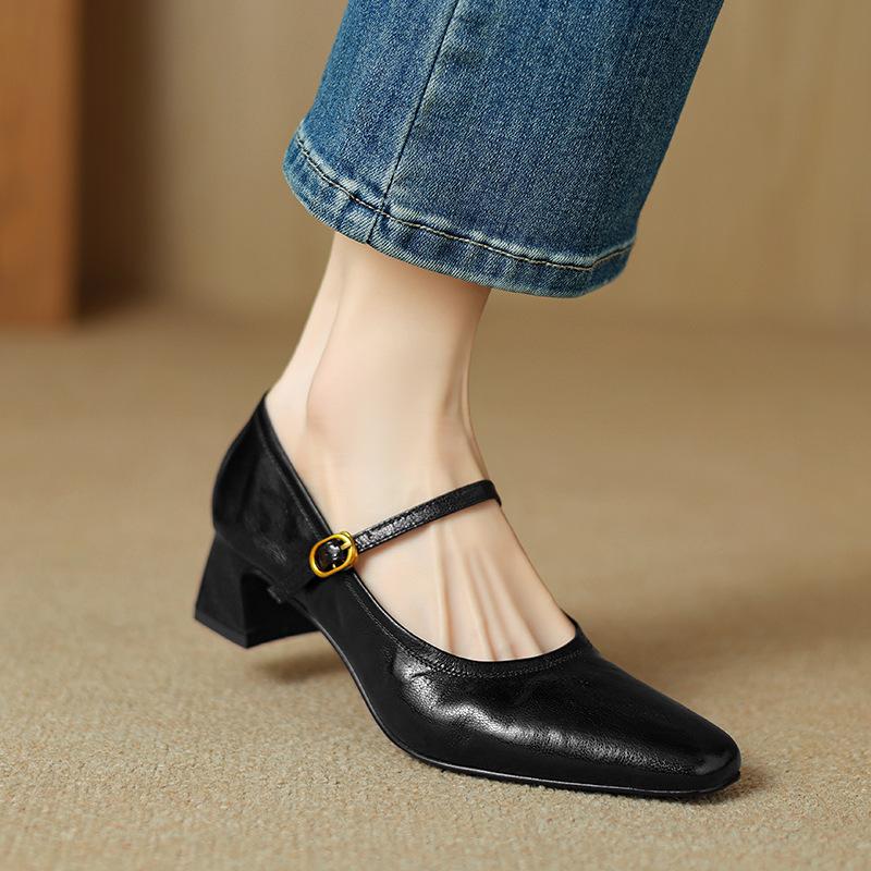 Retro high-heeled women's shoes autumn new sheepskin one-word buckle with thick heel black leather Mary Jane shoes