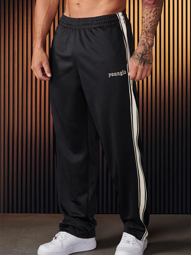Men's Black and White Striped Ribbon Stitching Trousers: Embroidered Casual Fitness Sweatpants for Teens