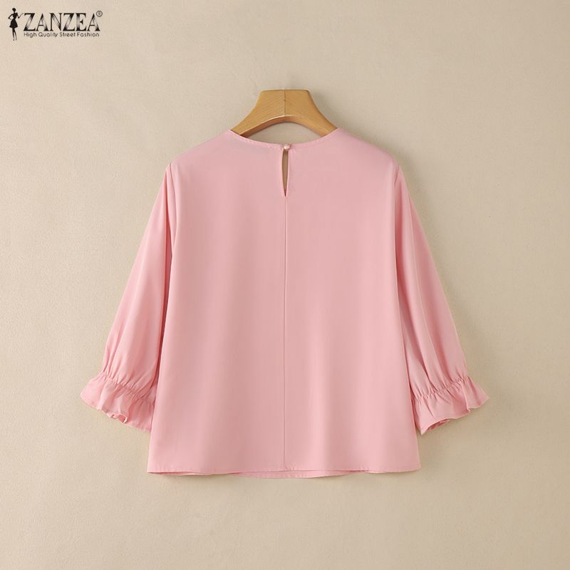 ZANZEA Women Casual Round Neck Solid Color 3/4 Sleeve Loose Blouse