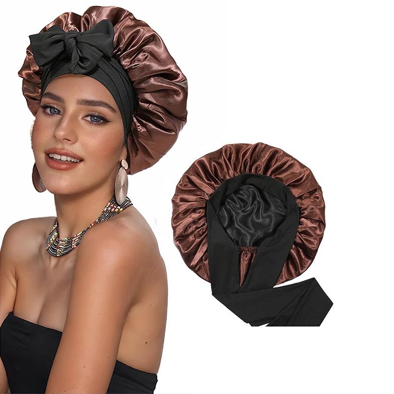 Women's Double-Layer Elastic Satin Sleep Cap - Wide Brim Hair Protection with Bow Ribbon