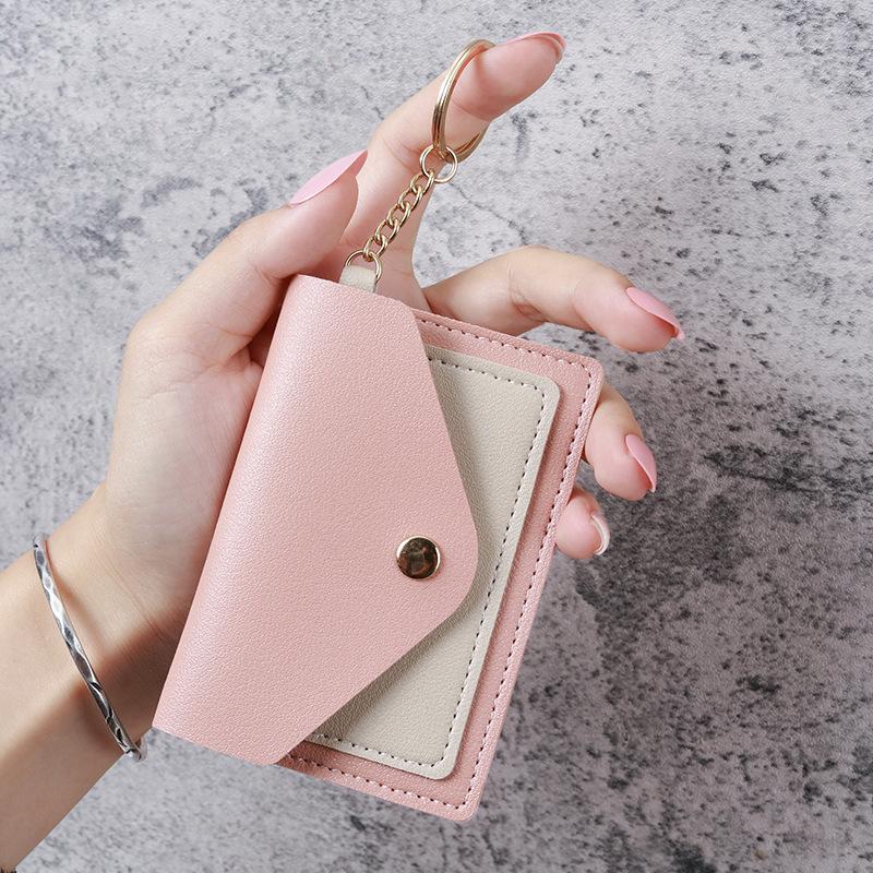 Slim Pu Leather Wallet Business Credit Card Holder Short Purse Leather Id Card Holder Candy Color Coin Case With Keyring