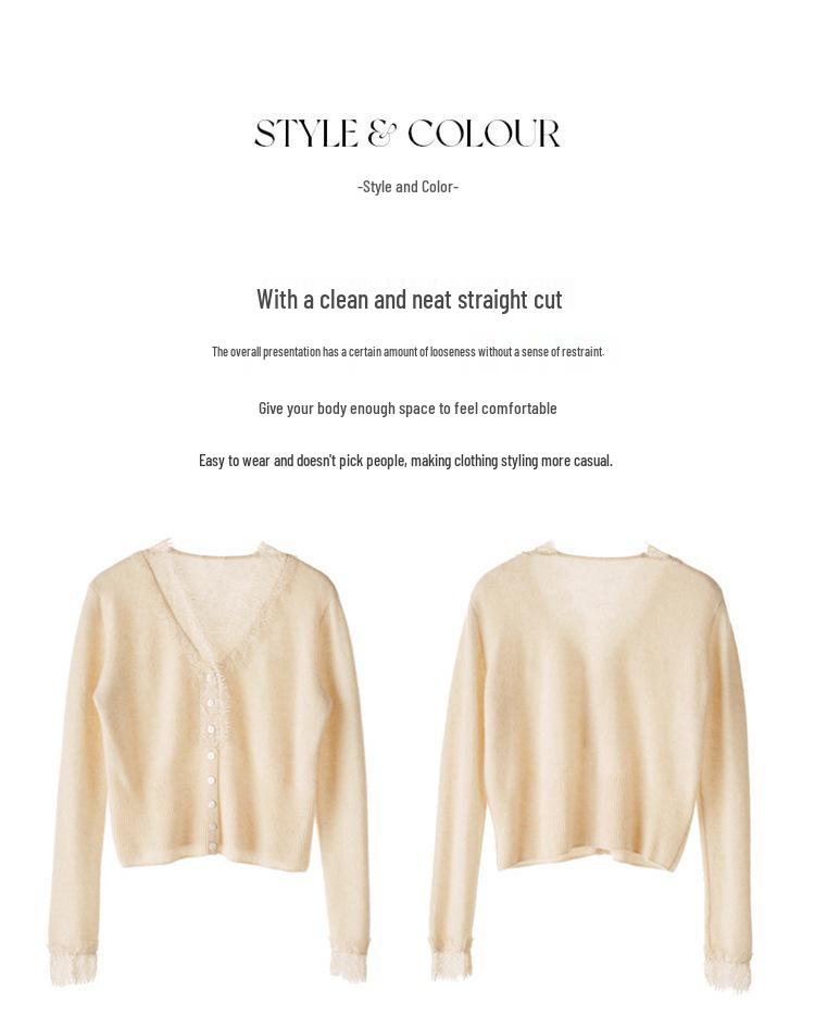Lace Trim V-Neck Cashmere Cardigan for Women - Short Knitted Wool Sweater Coat with Long Sleeves for Autumn/Winter 2024