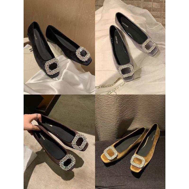 Sheepskin French beautiful small single shoes women's 2025 new commuter velvet surface shallow mouth square buckle rhinestone low heel flat shoes