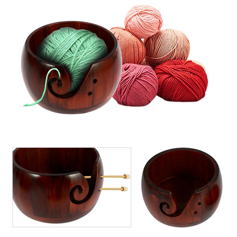 Wooden Yarn Bowl Round Crochet Bowl Holder with Holes Pine Knitting Yarn Bowls Wooden Weaving Thread Bowl with Lid Portable Yarn