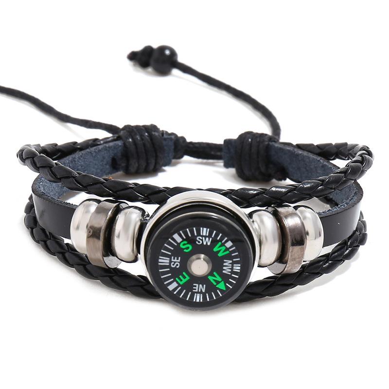 Retro Beaded Leather Bracelet with Compass - Unisex Multi-layer Hand-woven Accessory