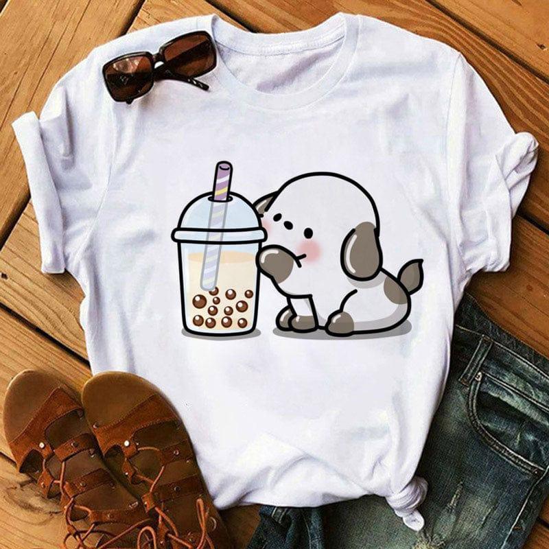 

Adult and Childrens Cosmic Cat Puppy Full Cup Bubble Tea Printed Pure Cotton Versatile TShirt S