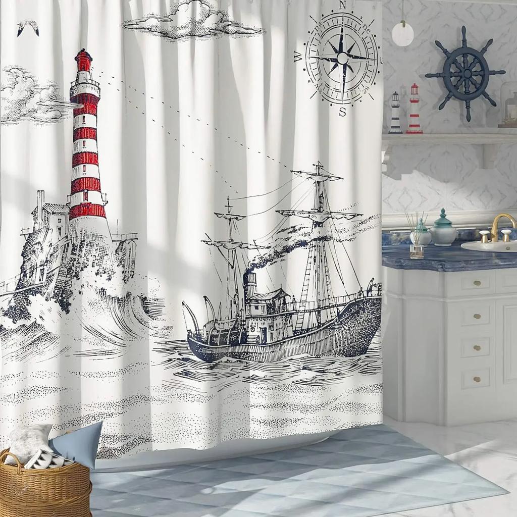 Seascape Wall Decor Portland Head Lighthouse Shower Curtain Landscape Artwork Tropical Ocean Art Curtain For Bathroom With Hooks