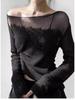 Women's Black Mesh Splice Long-Sleeve Fashionable T-Shirt - Trendy Spring Style