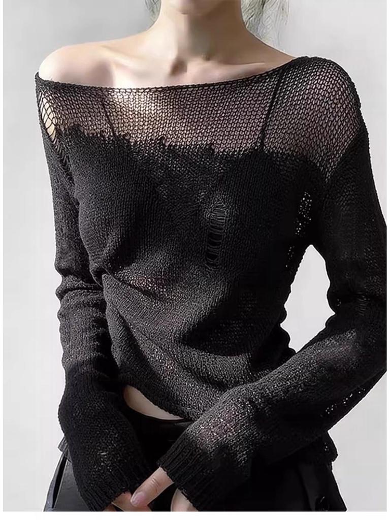 Women's Black Mesh Splice Long-Sleeve Fashionable T-Shirt - Trendy Spring Style
