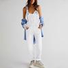 Women's Fashion Solid V-Neck Button Pocket Wash Denim Adjustable Strap Jumpsuit