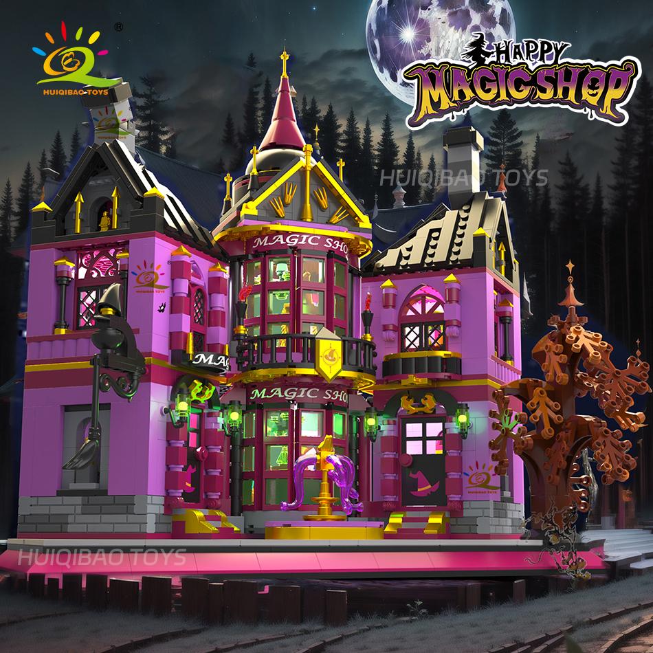 HUIQIBAO Halloween Dom Czarownicy Bar Czarodzieja Sklep Magiczny Mikro Model Klocki do Budowania Miasto DIY Sklep Montaż Klocki Zabawki dla Dzieci