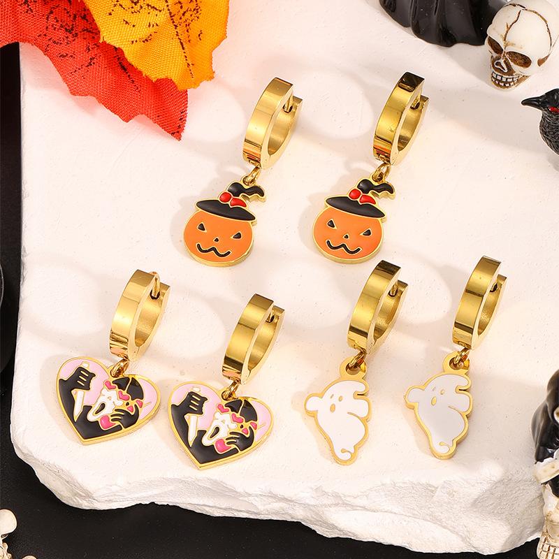 Titanium and Steel Earrings - Halloween Style Earrings - Pumpkin Head Witch-style Vintage Earrings