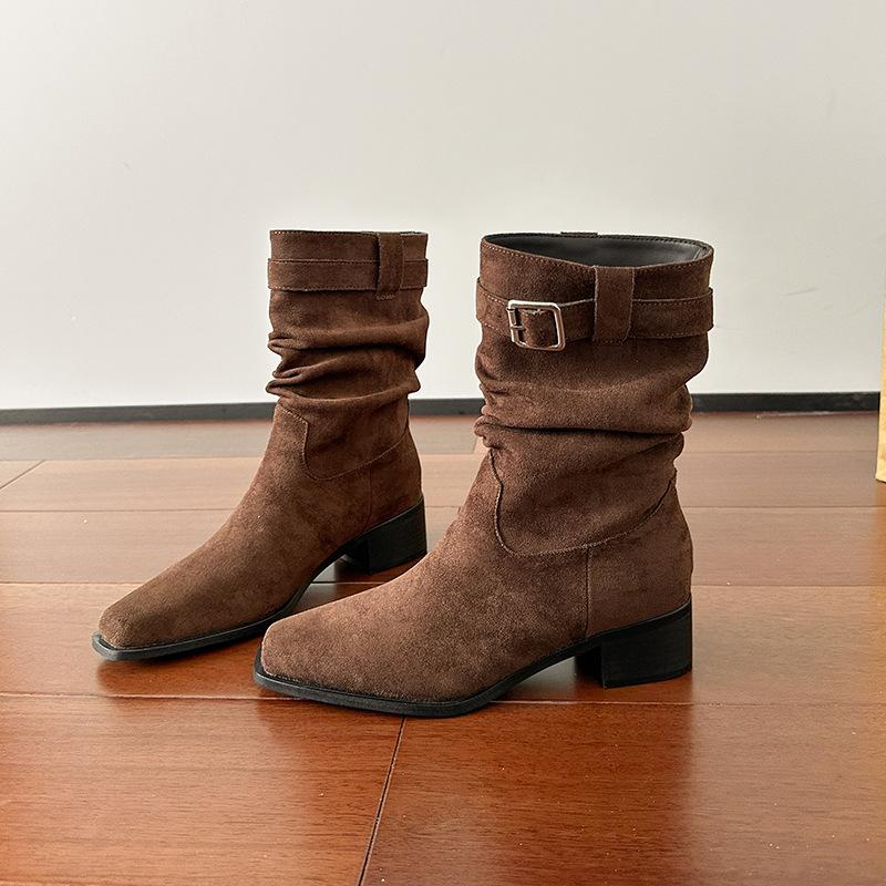 

Осень и зима новые ретро замшевые короткие сапоги женские ковбойские сапоги в западном стиле женские на толстом каблуке среднем каблуке с коротким голенищем сапоги-чулки 39