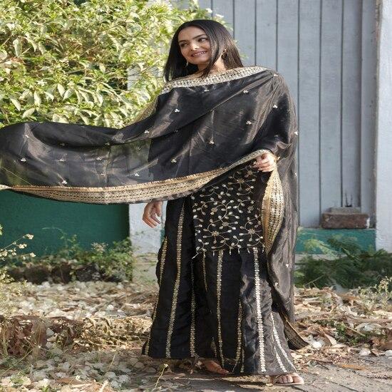 Black & Gold Embroidered Sharara Suit Set