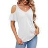 Women's Fashion Casual V-Neck Off-Shoulder T-Shirt Cropped Ruffle Sleeves Hollow Waist Shirt