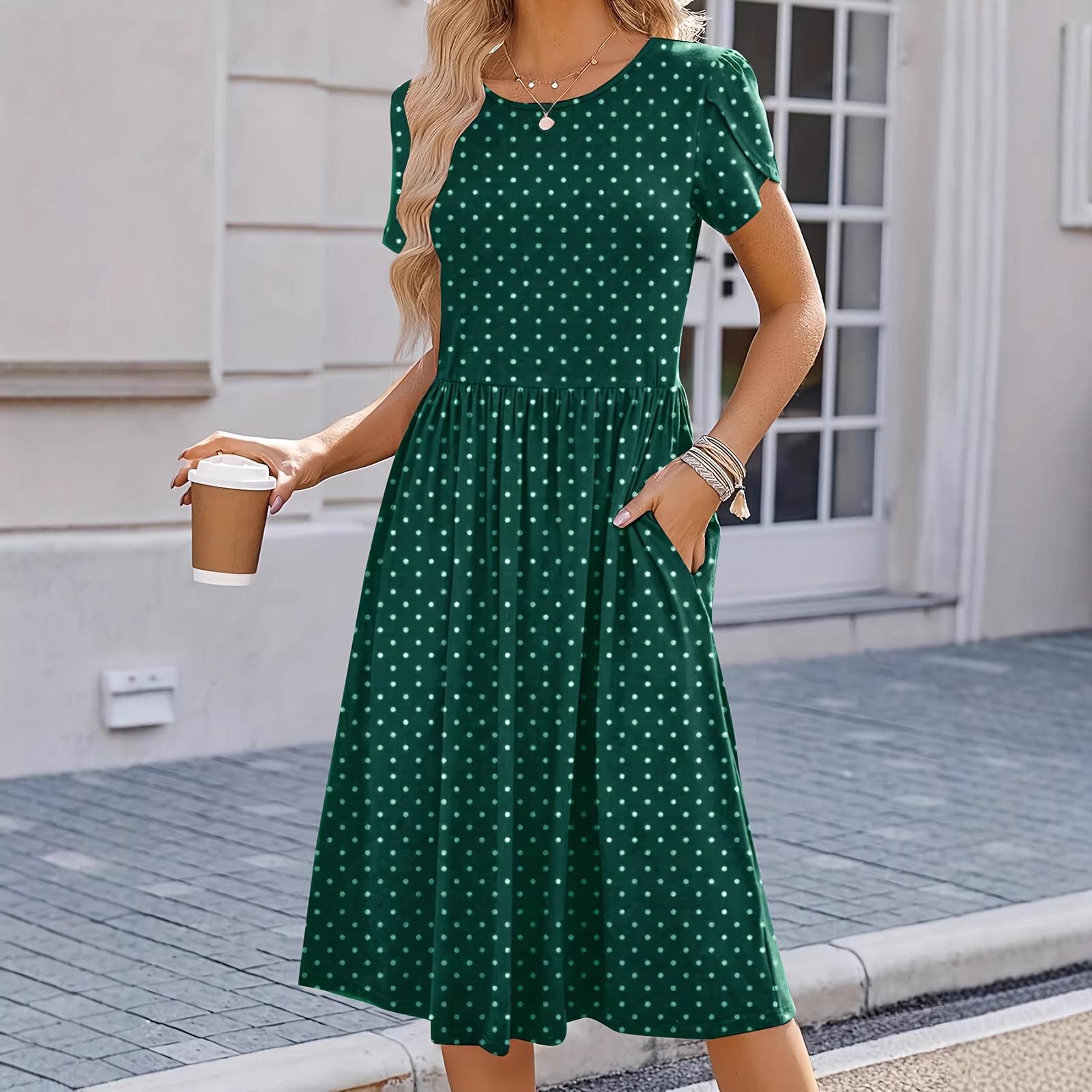 Women s Polka Dot A-Line Dress, Round Neck Short Sleeve Casual Midi Dress L