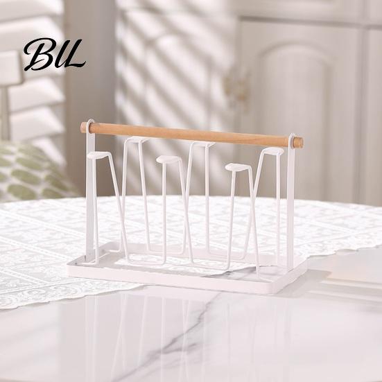 Space-saving Cup Rack Iron Drying with Wood Handle & Drip Tray Baby Bottle Hygienic Dryer Holder Space-Saving Countertop Organizer for Mugs